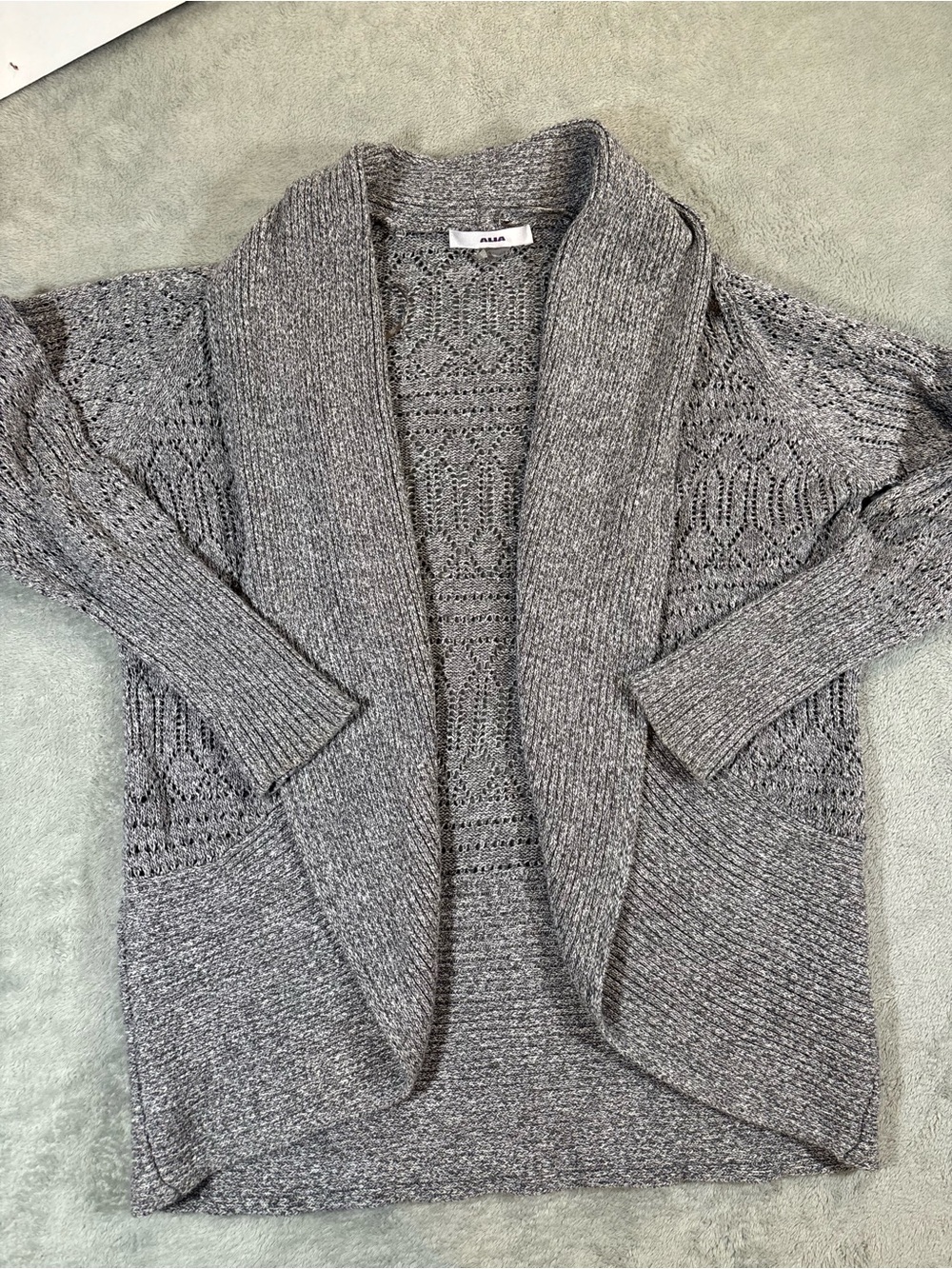 Alia Gray Cable Knit Open Front Cardigan Draped Shawl Collar Cozy Medium